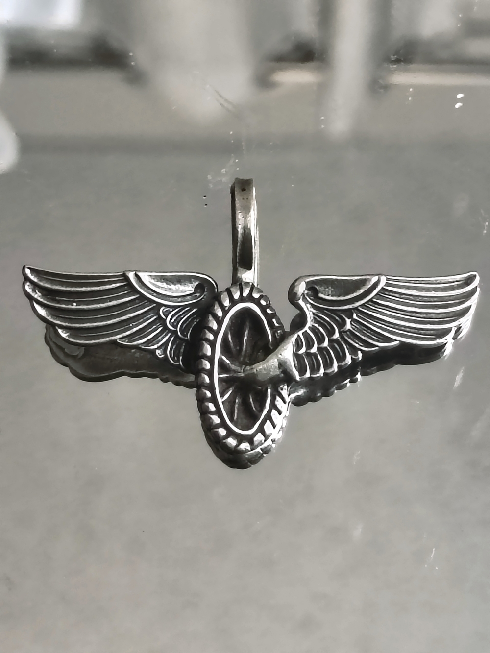 Vintage Sterling Silver Motorcycle Wheel Angel Wings Biker Pendant